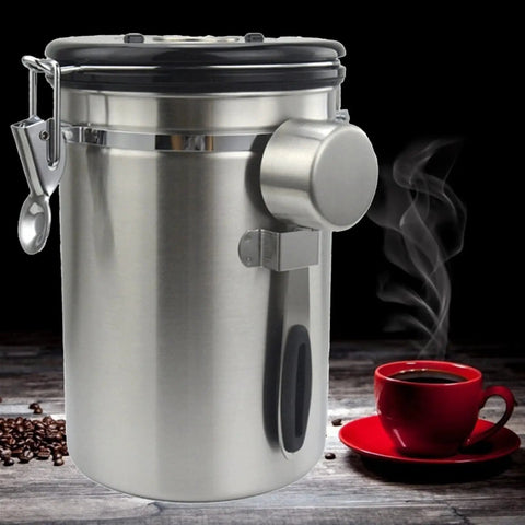 Stainless Steel Airtight Coffee Container Set With Scoop Keeps Your Daily Brew Snacks Cereal Flour Straight Up Crisp Kitchen Game Changer Storage Jar Essentials with spoon and coffee cup.