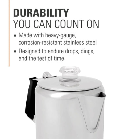 Close-up of Stainless Steel Percolator Coffee Pot With Silicone Handle For Camping And Travel Stove Safe 6 Cup Campfire Brew