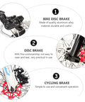 Heavy Duty Pair Of Mechanical Disc Brakes For Mountain And Road Bikes Aluminum Caliper attached to bike wheel with red detail.
