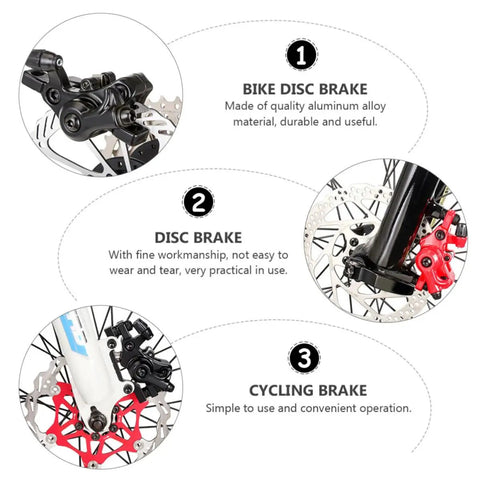 Heavy Duty Pair Of Mechanical Disc Brakes For Mountain And Road Bikes Aluminum Caliper attached to bike wheel with red detail.