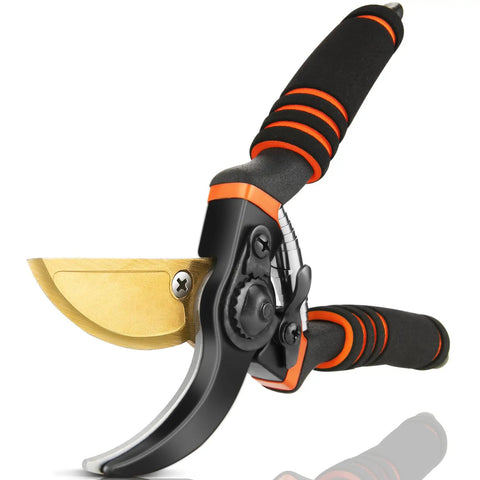 Workhorse Ultra Sharp 8.5 Inch Bypass Pruning Shears For Garden Use with titanium-coated SK5 steel blades and ergonomic handles