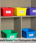 Colorful 84 Pack Plastic Cubby Bins For Classroom Storage Rainbow Organizer With Label Stickers on shelves for organization.