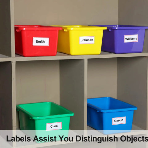 Colorful 84 Pack Plastic Cubby Bins For Classroom Storage Rainbow Organizer With Label Stickers on shelves for organization.