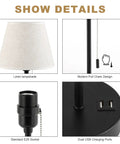 Set Of 2 Modern Nightstand Lamps With USB And AC Ports showing linen lampshade, pull chain, E26 socket, and USB ports detail.
