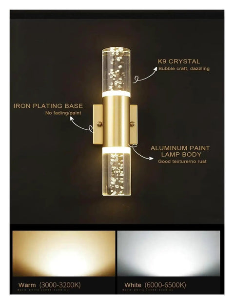 UHRLGHS Modern Bubble Crystal LED Wall Lamps Bathroom Dresser Living Room Bedroom d/Silver Wall Sconces Indoor Decor Lighting Lustres,Gold-Warm White with K9 crystal design.
