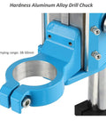 Heavy Duty Drill Press Machine With Rotary Tool, Adjustable Height, 90 Degree Rotating Fixed Frame, Depth Scale, And 38-50mm Clamping Range For Drilling Wood And Plastic Boards Perfect For Workshop Projects close-up of blue aluminum alloy drill chuck with clamping range 38-50mm.