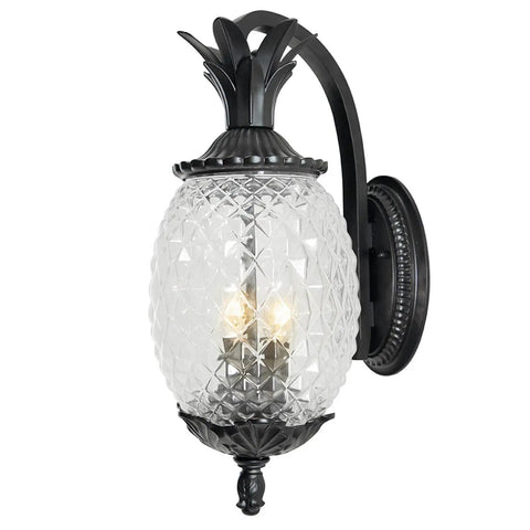 Lanai Collection Two Light Outdoor Wall Mount Lantern Matte Black Wet Location Exterior Fixture with pineapple motif