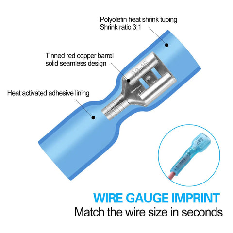 Close-up of blue 100 Pack Waterproof Heat Shrink Female Spade Connectors 16 To 14 AWG, showing tinned copper interior and adhesive lining.