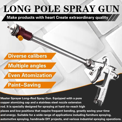 Heavy Duty Long Reach Paint Spray Gun Featuring Swappable Tips And Rock Steady Pressure Regulator For Crisp Furniture Automotive And Industrial Finishing Jobs, 100 cm pole with nozzle.