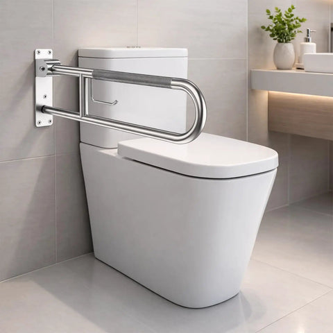 Super Sturdy Flip Up Toilet Grab Bar With Integrated Paper Holder Heavy Duty Stainless Steel Bathroom Safety Rail against a toilet.
