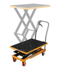 Front view of hydraulic lift table cart with scissor lift, orange frame, black non-slip platform, four red wheels.