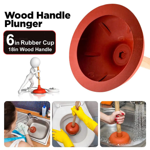 Heavy Duty 6 Inch Rubber Force Cup Plunger With A Trusty 18 Inch Wooden Handle To Blast Away Pesky Blockages In Kitchen Sinks Bath Tubs And Floor Drains Hassle Free in action.