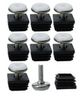 Squash That Floor Wobble Fast With Premium Adjustable Leveling Feet Sized For Square Tubing Furniture Glides Table Desk Leg Hardware Base Pads Eight Full Sets, set of eight black pads with metal screws.