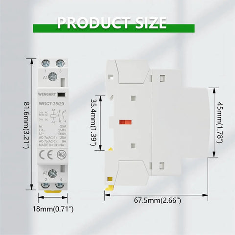 Top Shelf 25A Ac Dc Contactor 2 Pole Whispy Silent Din Rail Mount Magnetic Power Switch with product size dimensions