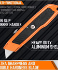 Front view of HORUSDY box cutter utility knife with orange aluminum shell and non-slip black rubber grip, retractable blade.