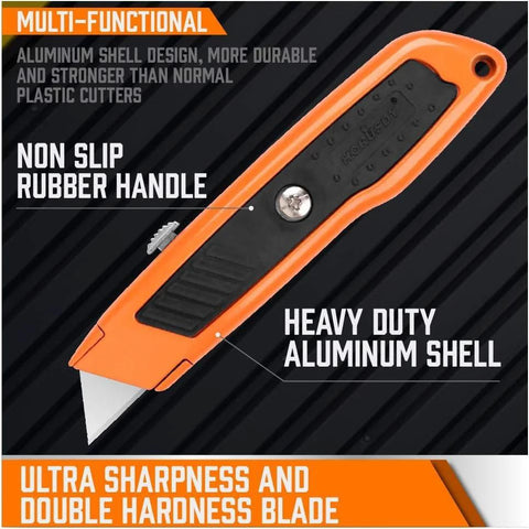 Front view of HORUSDY box cutter utility knife with orange aluminum shell and non-slip black rubber grip, retractable blade.