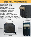 60 Amp Two Pole Plug In Molded Case Circuit Breaker Three Quarter Inch Pro Grade Heavy Duty, Thermal Magnetic Trip, 10kA Rating At 120 And 240V, OEM Load Center Compatible, Easy Install For Residential Panels And Pool Equipment with size dimensions and specs displayed.