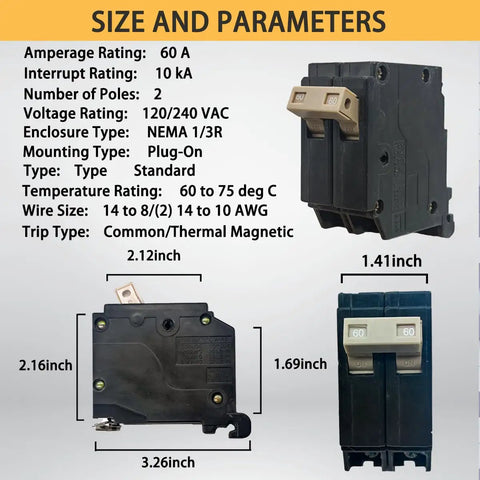 60 Amp Two Pole Plug In Molded Case Circuit Breaker Three Quarter Inch Pro Grade Heavy Duty, Thermal Magnetic Trip, 10kA Rating At 120 And 240V, OEM Load Center Compatible, Easy Install For Residential Panels And Pool Equipment with size dimensions and specs displayed.