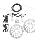 Top Shelf Mountain Bike Disc Brake Kit Featuring Robust Hydraulic Mechanical Calipers With Snappy Engagement And Rock Solid Coated Rotors For Reliable Trail Control, components arranged, black and silver finish.