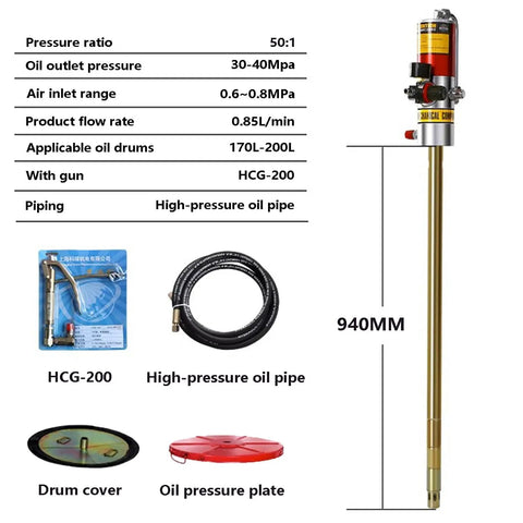 Pro Grade Pneumatic Grease Gun With 94cm Rod And 0.85 LPM Flow, 360 Degree Rotating Head, 4.0 Meter High Pressure Oil Pipe