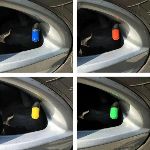 Colorful tire valve stem caps on vehicle wheels, 16 Pack Tire Valve Stem Caps With Upgraded Sealing Ring For Cars SUVs Motorbikes Trucks Bikes Black Durable Plastic Universal Fit No Air Leakage On All Vehicles