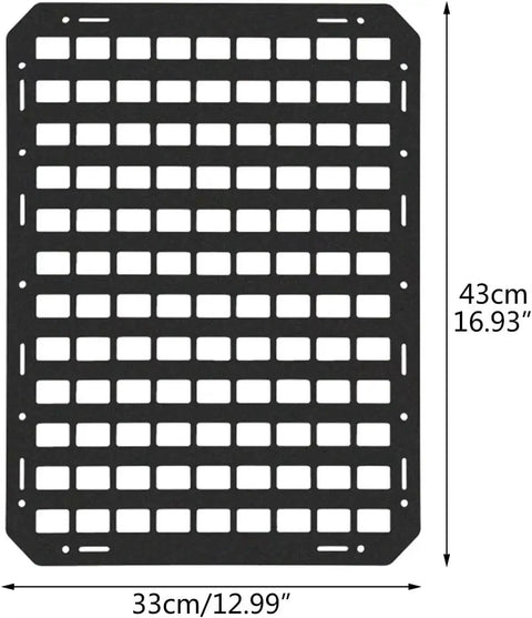 Heavy Duty Molle Panel For Car Seat Back Organizer Storage Rack compatible with Tesla Cybertruck, 43x33 cm ABS polymer grid.