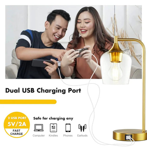 Gold Industrial Table Lamps Set of 2 With USB Charging Ports, Dimmable Touch Control shown with dual USB feature