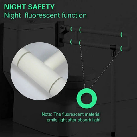 24 Inch Toilet Safety Rail Wall Mount Foldable Grab Bar Non Slip Stainless Steel With Fluorescent Grip Flip Up Design shown glowing