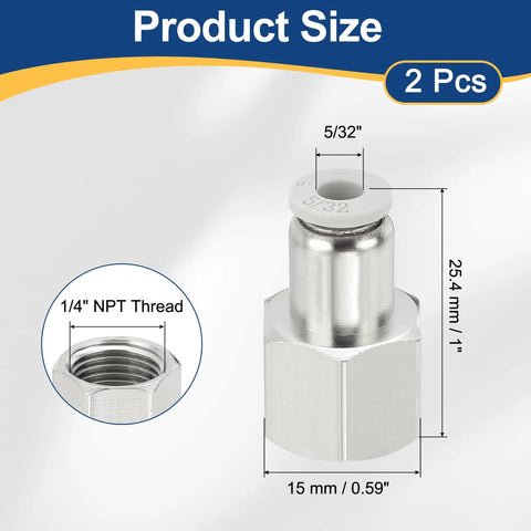 Two Pack Push To Connect Fittings One Quarter Inch NPT Female To Five Thirty Second Inch Tube OD Female Thread Straight Quick Connect Air Lines For Pneumatic Equipment White shown with dimensions.