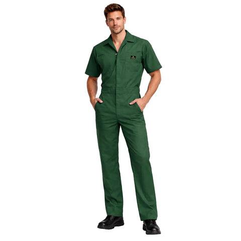 Men's Short Sleeve Zip Up Coveralls Built Different For The Daily Grind Heavy Duty Cotton Poly Blend Work Jumpsuit in green.
