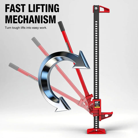 Big Red 48 Inch Ratcheting Off Road Farm Jack With Heavy Duty 3 Ton 6000 Lb Load Capacity showing fast lifting mechanism.