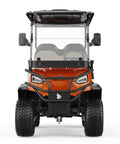 Heavy Duty Four Passenger Electric Shuttle Golf Cart With Ip67 Waterproof Frame, front view showcasing vivid orange color and LED headlamps.
