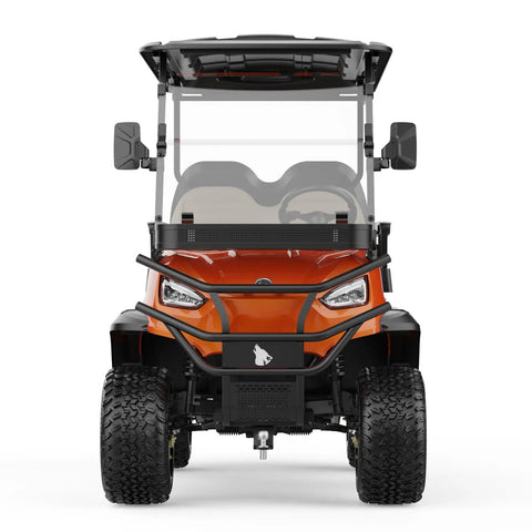 Heavy Duty Four Passenger Electric Shuttle Golf Cart With Ip67 Waterproof Frame, front view showcasing vivid orange color and LED headlamps.