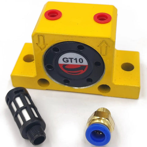 Set Of 2 Pneumatic Air Turbine Vibrators One Eighth Inch Silent Golden Finish Industrial Wheel Type Vibrators For High Speed Eccentric Vibration In Food And Pharmaceutical Applications Durable And Rugged Construction, GT10 unit with fittings