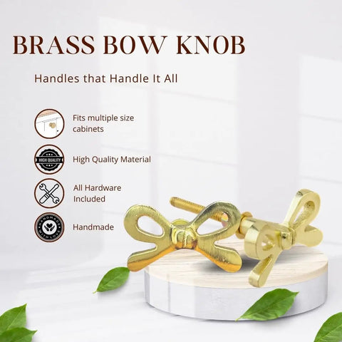 Set Of 8 Brass Bow Knobs For Cabinets And Drawers, decorative bow hardware display with included nut and washer