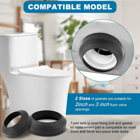 Heavy Duty Universal Toilet Tank To Bowl Gasket And Stainless Steel Bolt Kit with 2-inch and 3-inch gaskets for toilet installation.