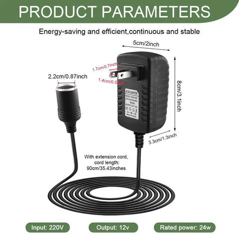 Rugged Ride Ready AC DC Converter Adapter with extension cord, specifications showing input/output details and size.