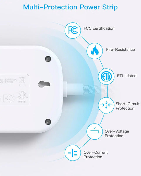 Flat Plug Travel Power Strip With Usb C Plus Multiple Outlets Six Foot Cord Cruise Approved Extension showing safety certifications and protection features.