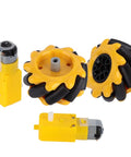 60mm mecanum wheels for robot cars with motors, yellow and black, ideal for robotics projects and four-wheel drive builds.