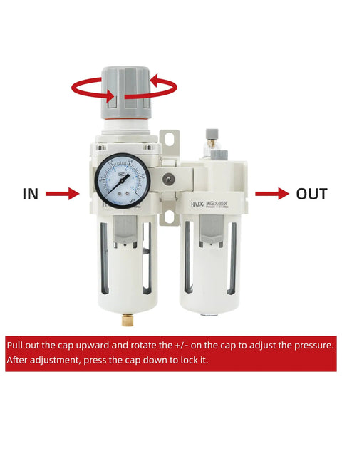 Heavy Duty Half Inch PT Pro Grade Built For Pros Compressed Air Filter Regulator Lubricator Combo with water and oil trap, front view