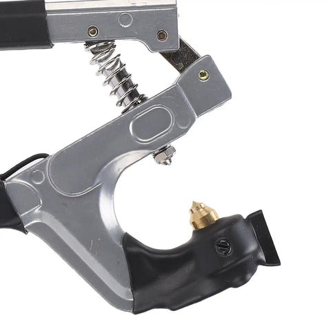 Close-up of RitoEasysports Electric Badminton Racket Trumpet Plier Crimping Machine's nozzle and handle for precise grommet installation.