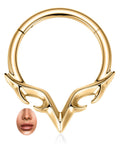 Gold Blade Wings V Shape Septum Ring 16G 1.2mm Stainless Steel Nose Hoop 8mm Daith Helix Tragus Rook Conch Cartilage Earring For Women Dope Everyday Accessory, displayed with a nose piercing example.