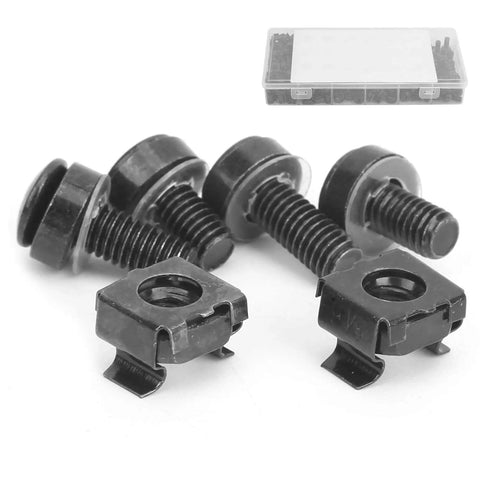 M6 Cage Nut And Screw Kit For Racks And Cabinets, Heavy Duty Carbon Steel Fasteners In Black Finish, Tool Free Quick Install Spring Loaded Cage Nuts With Screws For Chassis, Controllers, Vehicles, And Railways, 100 Nuts And 100 Screws black M6 cage nuts and screws in case