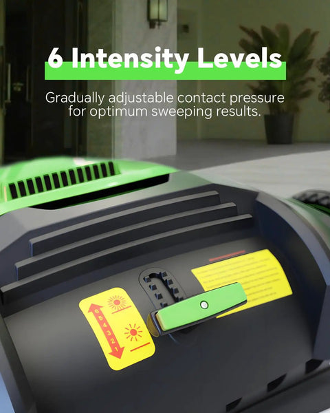 Close-up of control panel showing 6 intensity levels for the Heavy Duty 43 Inch Industrial Walk Behind Push Floor And Lawn Sweeper.