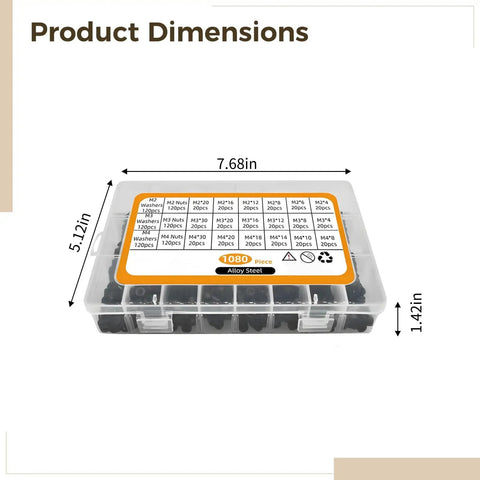 1080 Piece Hex Socket Screw Kit With Washers And Nuts, M2 M3 M4 Stainless Steel in labeled storage box with dimensions