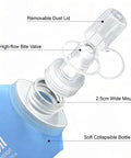 Detail of Soft TPU Water Bottle 480ml BPA Free Collapsible Leak Proof Hydration Flask with removable dust lid and bite valve.