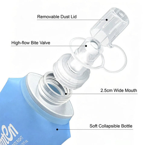 Detail of Soft TPU Water Bottle 480ml BPA Free Collapsible Leak Proof Hydration Flask with removable dust lid and bite valve.