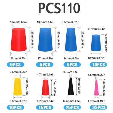 Heavy Duty Silicone Tapered Plug Kit 110 Pieces Set Includes 1/16 To 5/8 Inch Stoppers For High Temp Sandblasting, Spraying, And Coating Jobs Where You Need Tight Seals And Reliable Hole Plugging Power For Every Industrial Project. assorted silicone tapered plugs sizes labeled PCS110