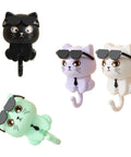 Cool Cat Key Holder With Sunglasses No Drill Adhesive Hooks Four Pack featuring black, purple, and mint cat designs