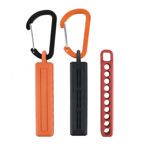 Rubber Drill Bit Organizer Strip With Carabiner, 10 Slot Storage, shown in orange and black with 10 holes and carabiner clips